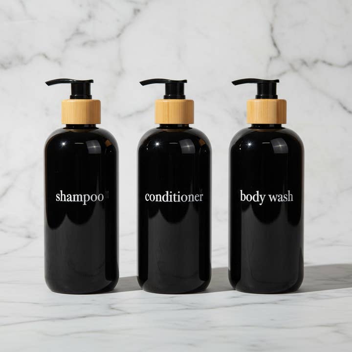 Joie Designs Co. | Refillable Bottles - Wholesale Soap Dispenser - Black Shampoo Dispenser Sets | Black Bottles | Bamboo or Black Plastic Pumps