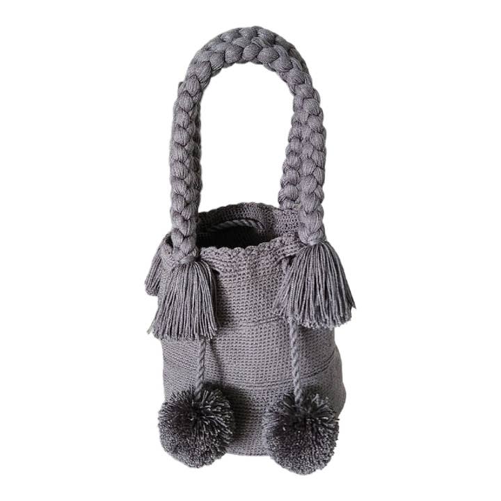 Boutique Femade ® - Wholesale Top Handle Bag - Women's - Gray Medium Pom Poms Wayuu Bag