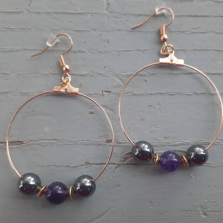 Secret Synergy Stones - Vente Boucles d'oreilles pendantes - Boucles d'oreilles EMF 5G - améthyste, shungite, tourmaline noire, hématite5