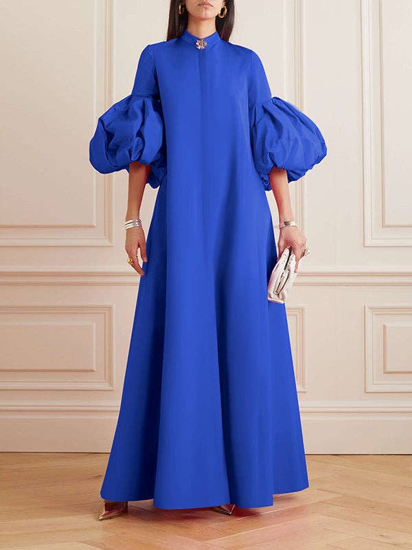 FurDecoration - Wholesale Dress - Women's - Flowy Floral Stand Collar Lantern Sleeve Maxi Dress