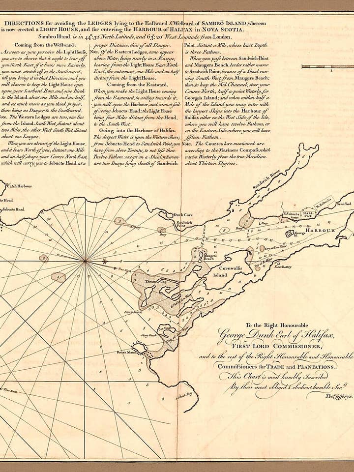 Carta del Puerto de Halifax, en Nueva Escocia; con la Bahía de Jebucto y el Cabo Sambrô, también las Islas, Arrecifes de Rocas, Bajíos y Sondeos 1768 para venta al por mayor de Relic Map Co.