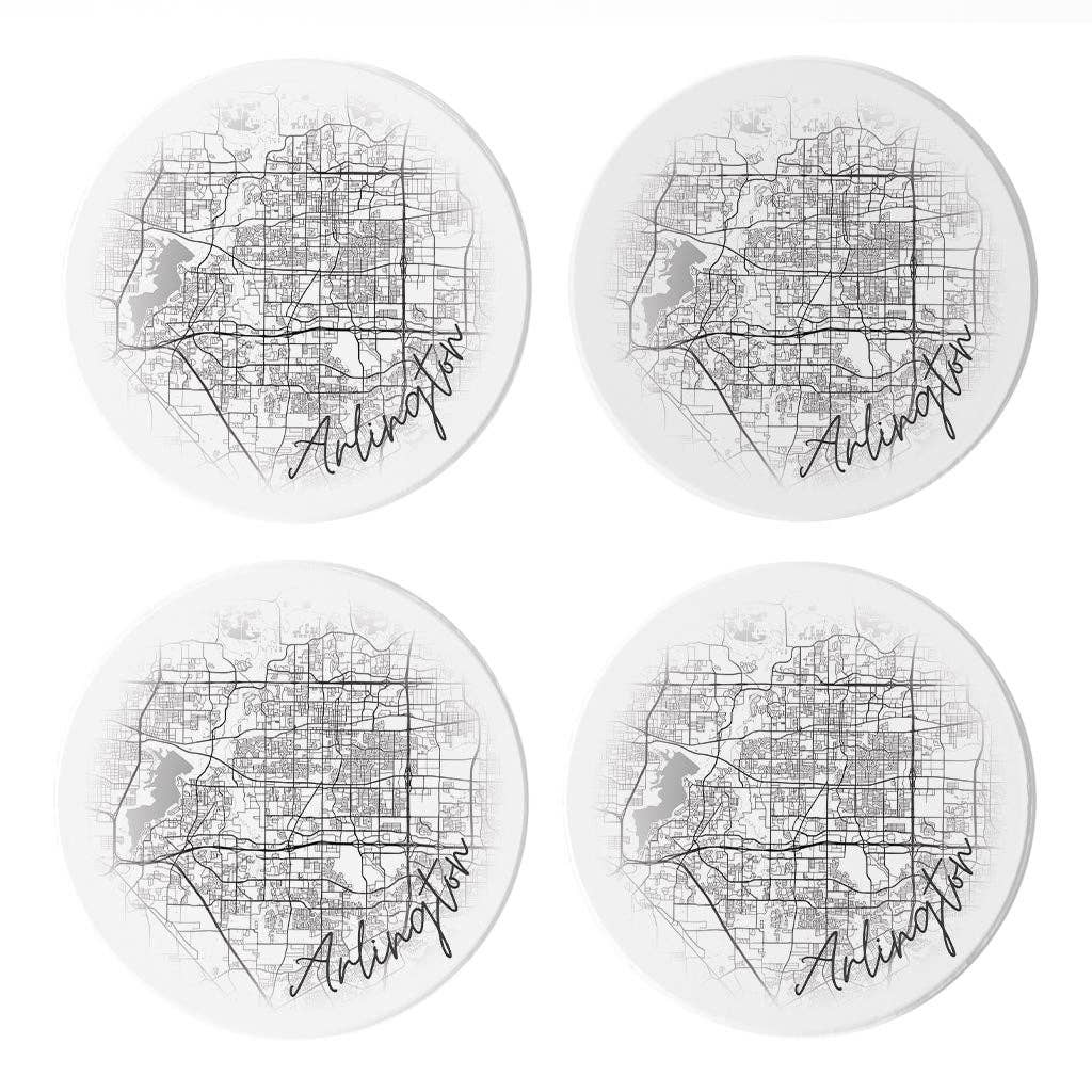 Love Local - Wholesale Coasters - Minimalistic B&W Texas Arlington Circle Map | Absorbent Coasters | Set of 4 | Min 20