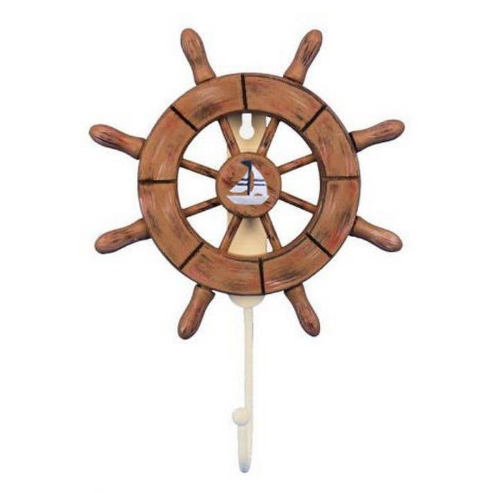 Hampton Nautical – wholesale Wall Accent – Rustic Wood Sailboat Wall Sign with Decorative Ship Wheel