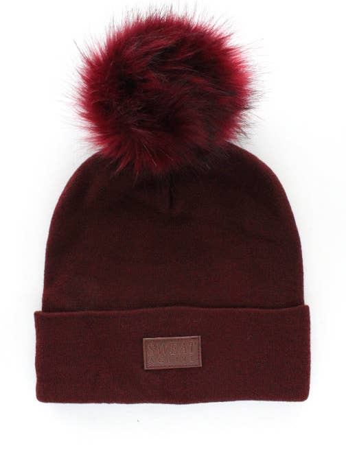 Fur Pom Beanie Hat - Burgundy for wholesale by Knotty Accessories