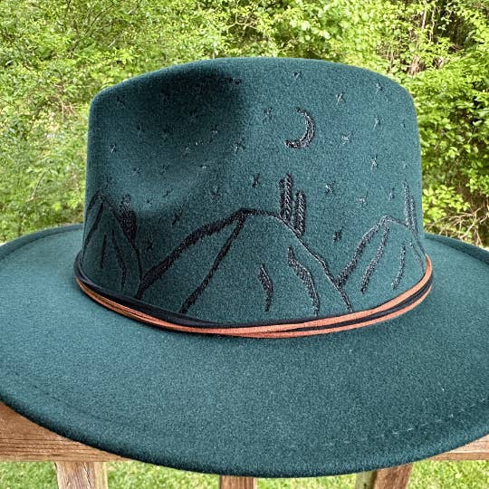 She's Crafty AVL - Wholesale Fedora - Women's - Western Fedora Hat with Pyrography Mountains & Moon Design