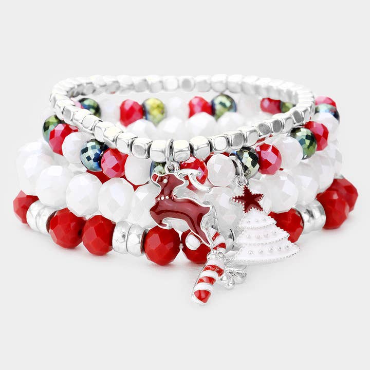 4PCS - Christmas Rudolph Charm Bead Stretch Layered Bracelet for wholesale by Sensibling Corp.