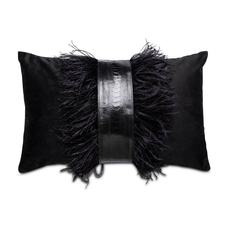 Ostrich Trim Pillow - Black / Velvet for wholesale by Ngala Trading