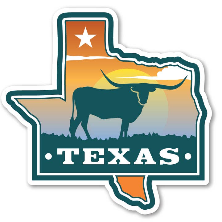 Coaster - Texas State Shape w/ Longhorn & Sunset for wholesale by Morris Magnets
