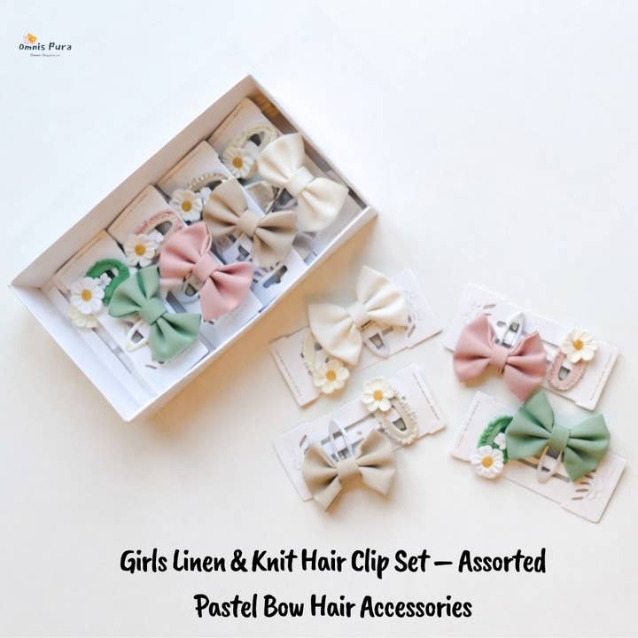 Girls Linen&Knit Hair Clip Set–Assorted Pastel Bow Hair Clip for wholesale by Omnis Pura