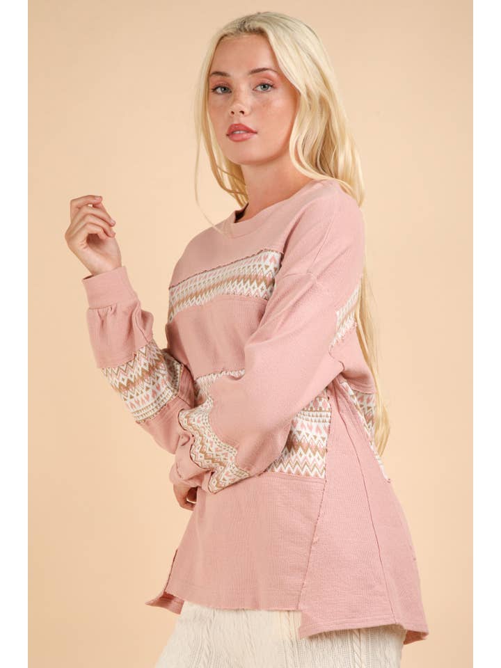 VERY J - Wholesale Knit Top - Women's - NT11784-Oversized Printed Knit Contrast Knit Top