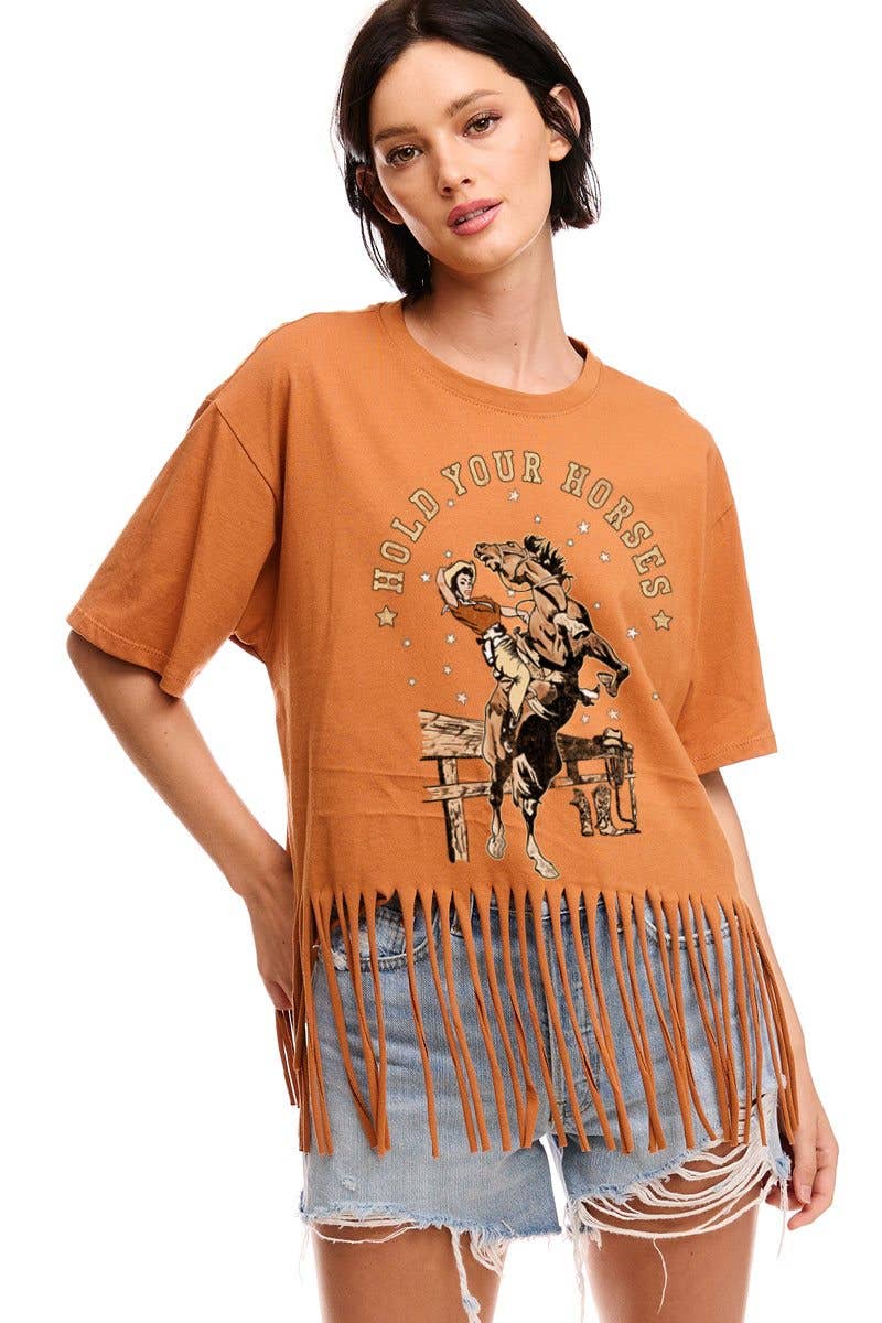 Zutter - Wholesale Screen Printed T-Shirt - Women's - Hold Your Horses Cowgirl Graphic S/S Fringe Tee0