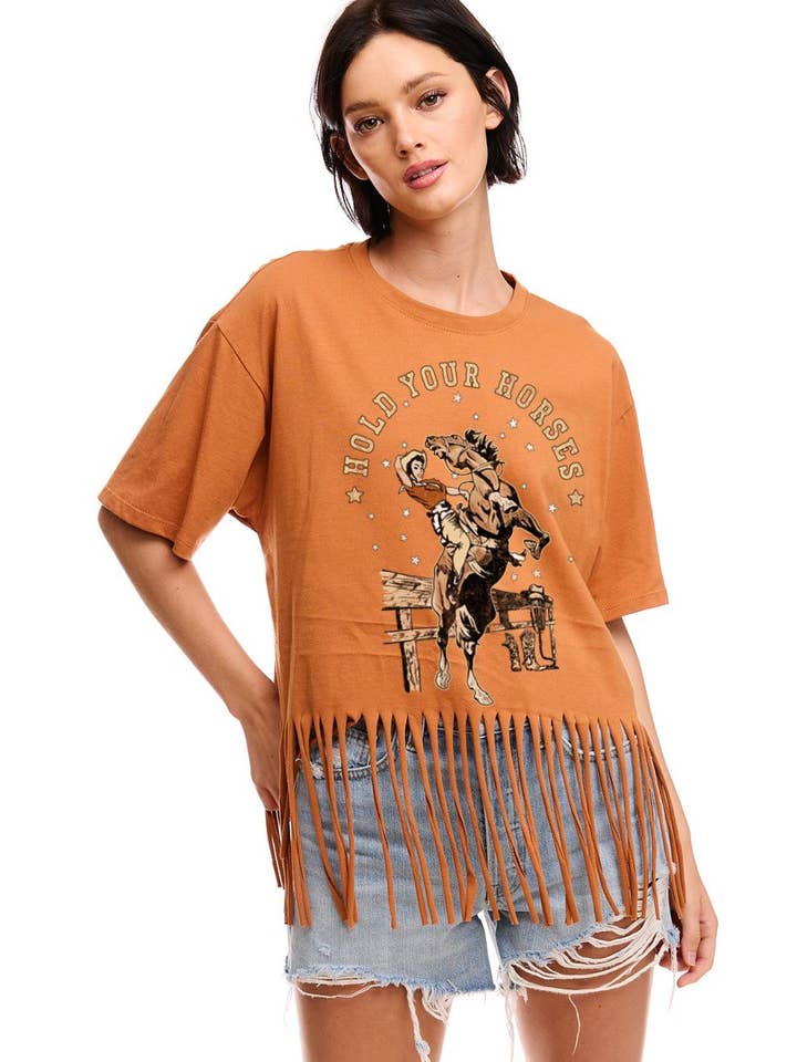 Zutter - Wholesale Screen Printed T-Shirt - Women's - Hold Your Horses Cowgirl Graphic S/S Fringe Tee