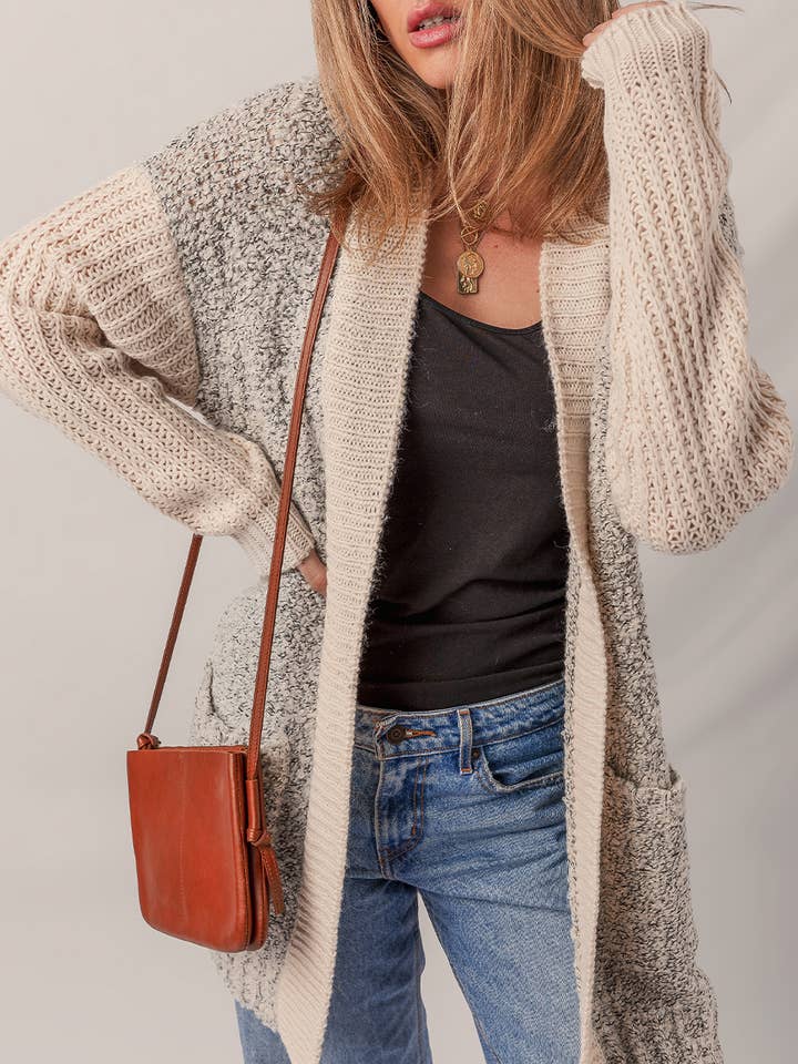 Gray Color Block Side Pockets Open Front Cardigan for wholesale on Faire1