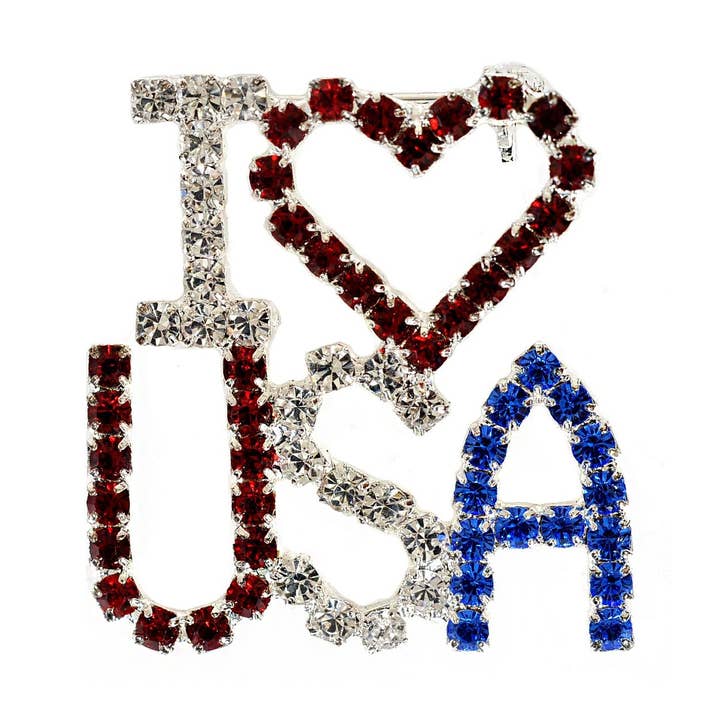Spilla Patriottica "I Love USA" con Strass di Cristallo Argento per la vendita all'ingrosso da parte di Cool Crystals