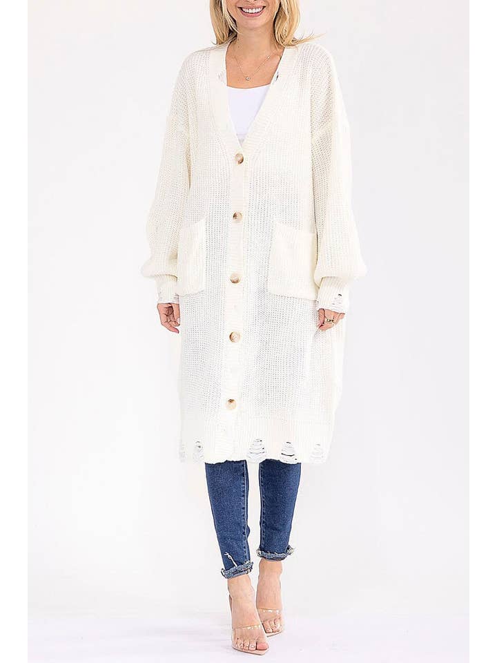 IVORY SOLID DISTRESSED KNIT BUTTON DOWN POCKETS CARDIGAN for wholesale on Faire1