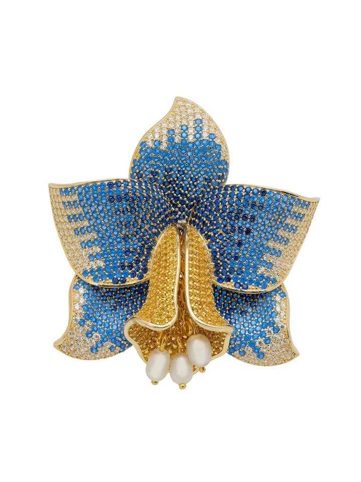 Daffodil With Pearls Cocktail Ring Gold Sapphire CZ for wholesale by Latelita