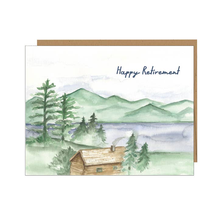 Happy Retirement Cabin in woods Greeting card for wholesale by Jessica Frasz Studio