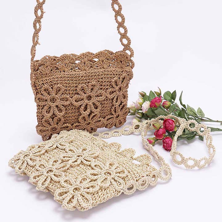 3AM BY H&D ACCESSORIES - Wholesale Crossbody Bag - Women's - Faux Straw Handmade Flower Crossbody Bag