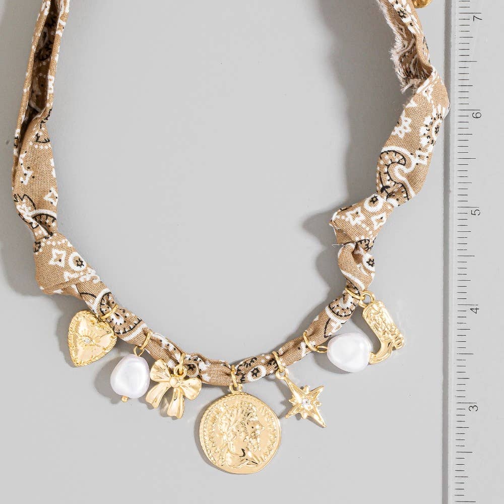 The Looks by Fame Accessories - Wholesale Pendant/Charm Necklace - Bow Pearl And Coin Charms Bandana Necklace2
