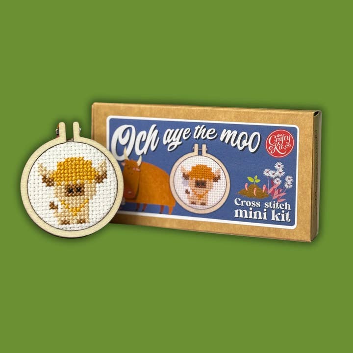 'Och Aye the Moo' Mini Matchbox Cross Stitch Kit for wholesale by The Crafty Kit Company