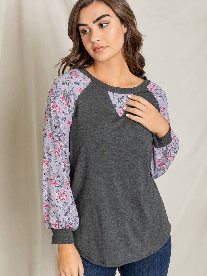 Plus V-Stich Floral Raglan Sleeve for wholesale by EG fashion
