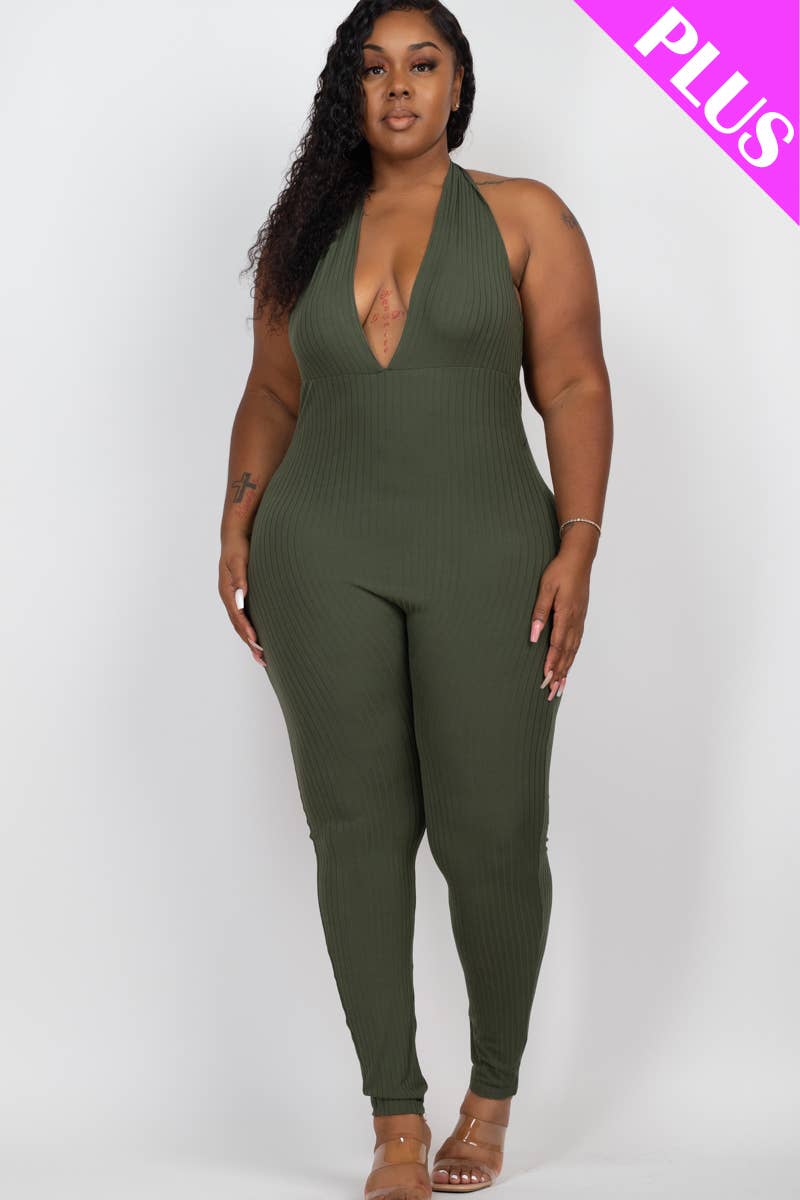 CAPELLA APPAREL - Wholesale Jumpsuit - Women's - Plus Size Halter V Neck Ribbed Bodycon Jumpsuit11