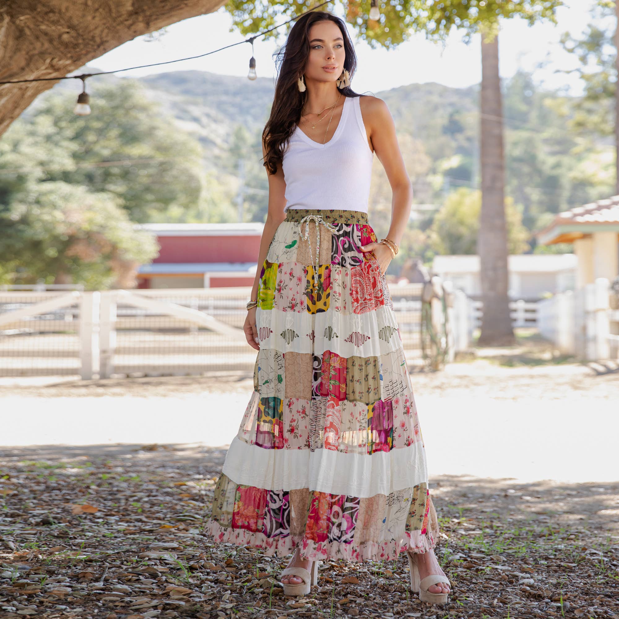 Young Threads - Wholesale Skirt - Women's - Artisan Boho Mixed Print Tiered Patchwork Maxi Skirt (NEW)13