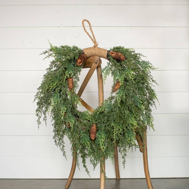 Ragon House - Wholesale Wreath - 28" CEDAR & CONES HANGING WREATH