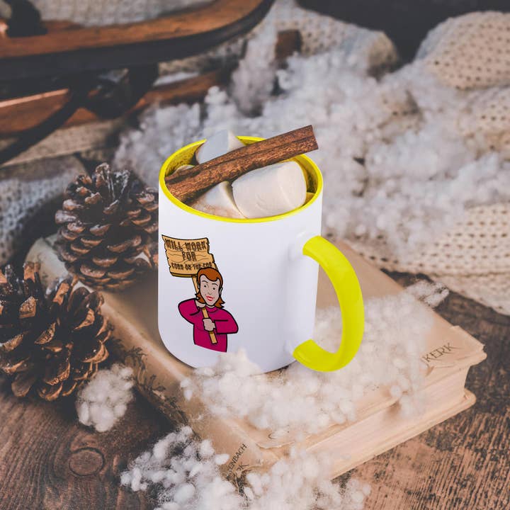 3dRose - Wholesale Coffee Mug - 3dRose, Funny Humorous Woman Girl With A Sign Will Work For Corn On The Cob, Mug5