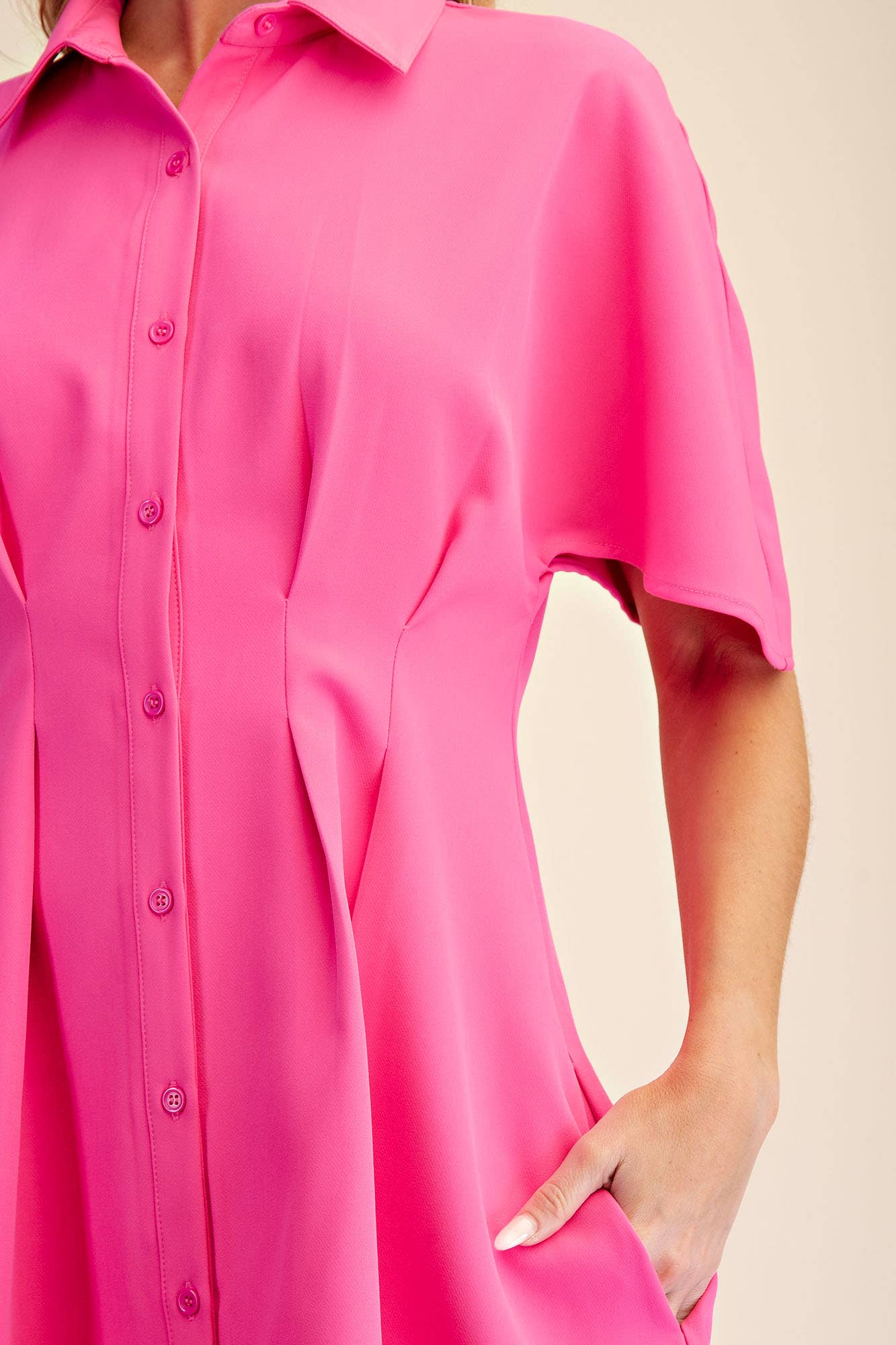 Glam - Wholesale Dress - Women's - Short-Sleeve Pleated Shirt Mini Dress5