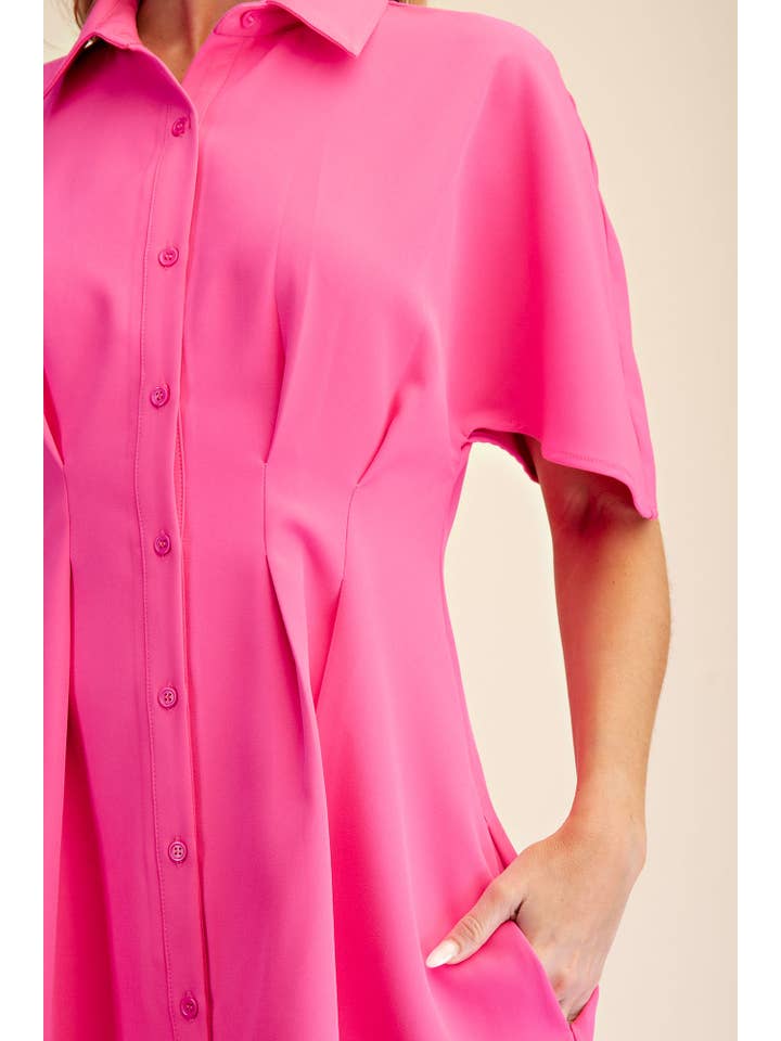 Glam - Wholesale Dress - Women's - Short-Sleeve Pleated Shirt Mini Dress5