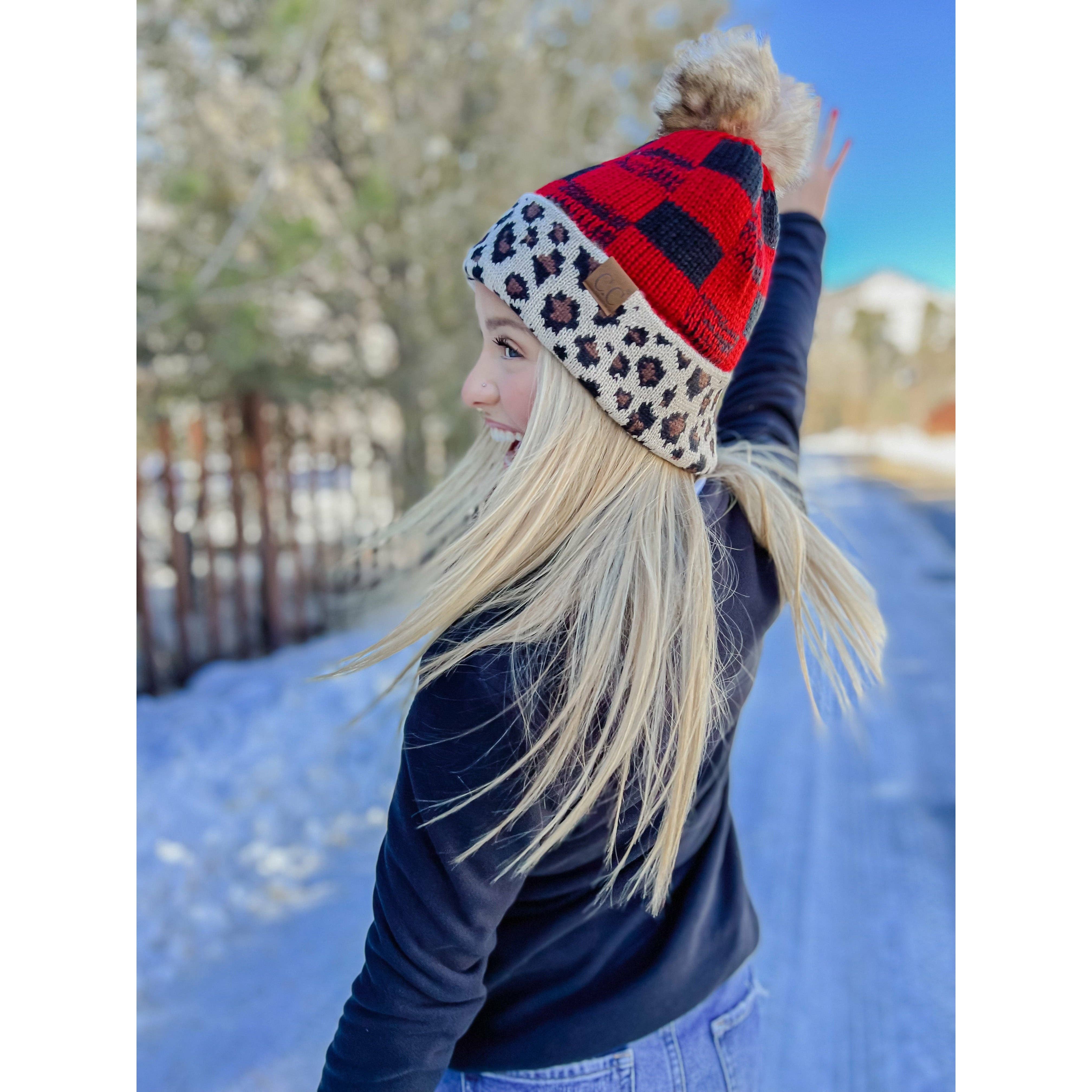 Red Black Leopard/Buffalo Mixed Print Fur Pom C.C Beanie HAT2084 for wholesale on Faire1