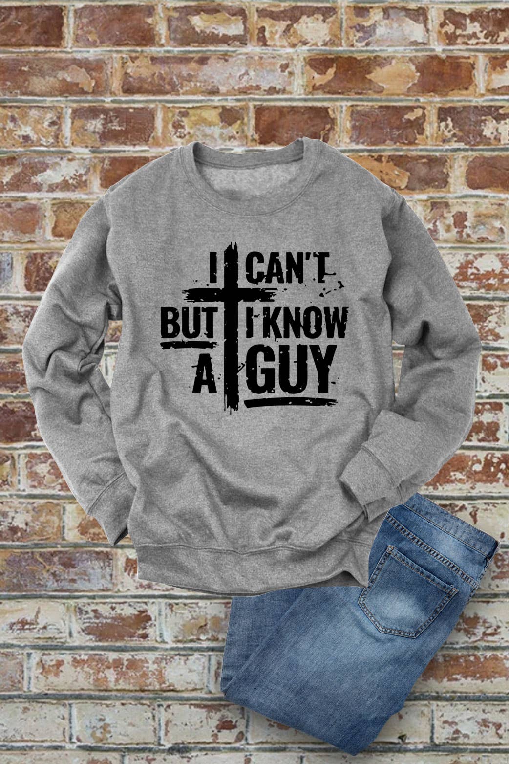 Top Avenue - Wholesale Graphic Sweatshirt - Women's - I Cant But I Know A Guy Distressed Cross, Unisex Crewneck Sweatshirt9