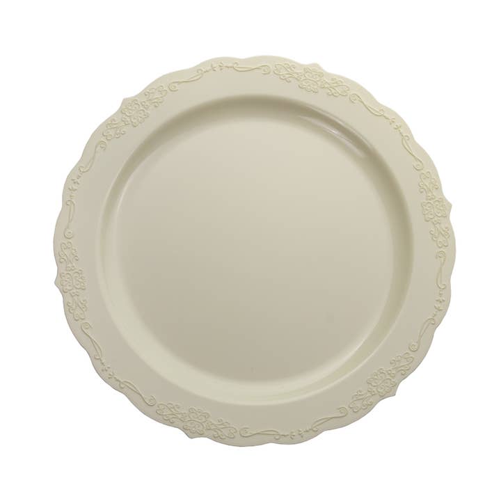 Victorian 9" Ivory Victorian Design Plastic Plates - 20 ct. for wholesale by Crown Display