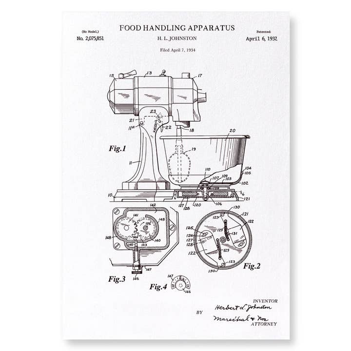 BREVETTO DI APPARECCHIO PER LA MANIPOLAZIONE DEGLI ALIMENTI (1937): Art Print per la vendita all'ingrosso da parte di Ezen Trade