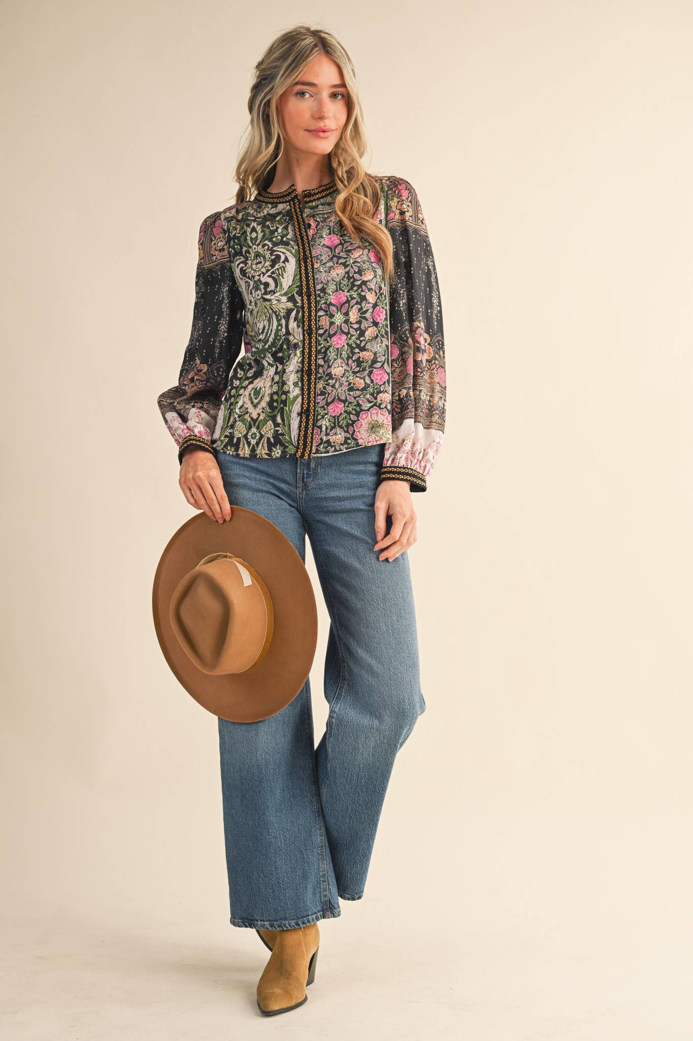 &MERCI - Wholesale Button Down Shirt - Women's - PATCHWORK PRINT CROCHET TRIM BUTTON DOWN TOP MTP438217