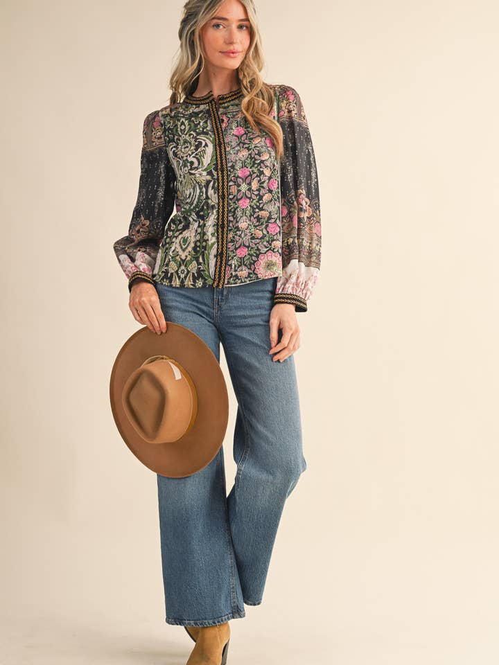 &MERCI - Wholesale Button Down Shirt - Women's - PATCHWORK PRINT CROCHET TRIM BUTTON DOWN TOP MTP438217