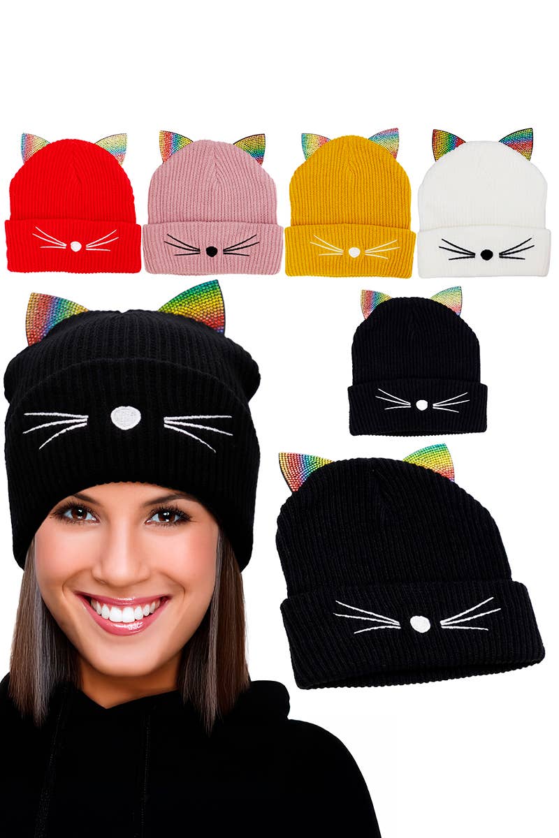 Cap Zone - Wholesale Beanie – Women's - Rainbow Pride Bling Kitty Cat Ear Knitted Beanie