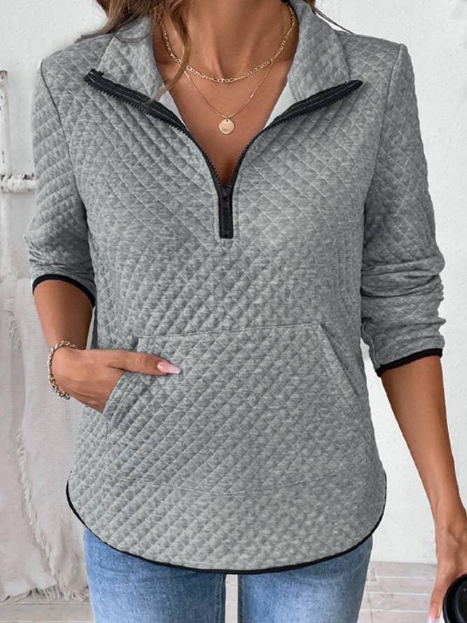 Grey Textured Half Zipper Kangaroo Pocket Sweatshirt for wholesale by Comely Fashion