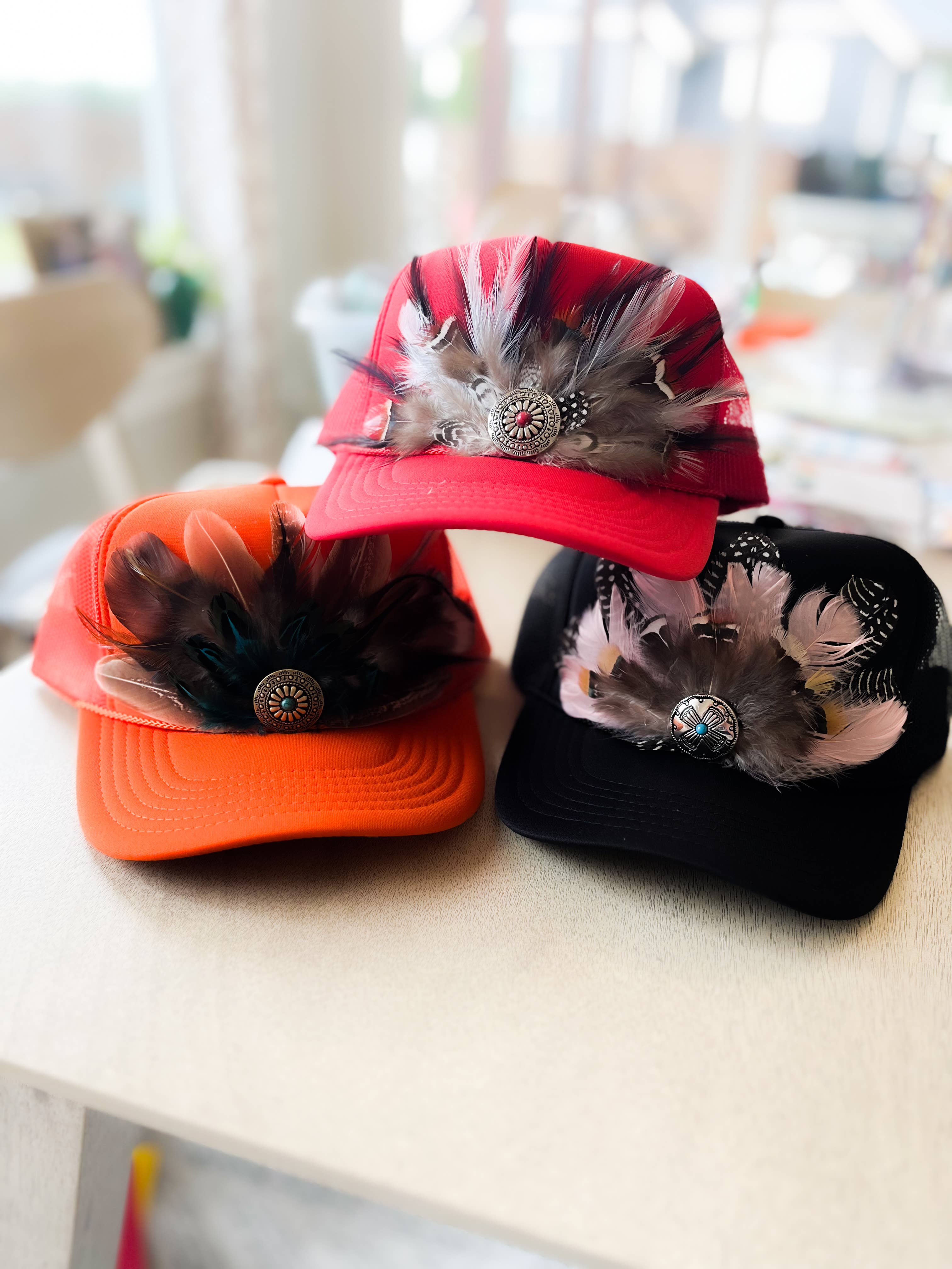 TrendyKeys – wholesale Trucker hat – Women’s – Feather Trucker Hat, Handmade, Unique, One of a Kind1