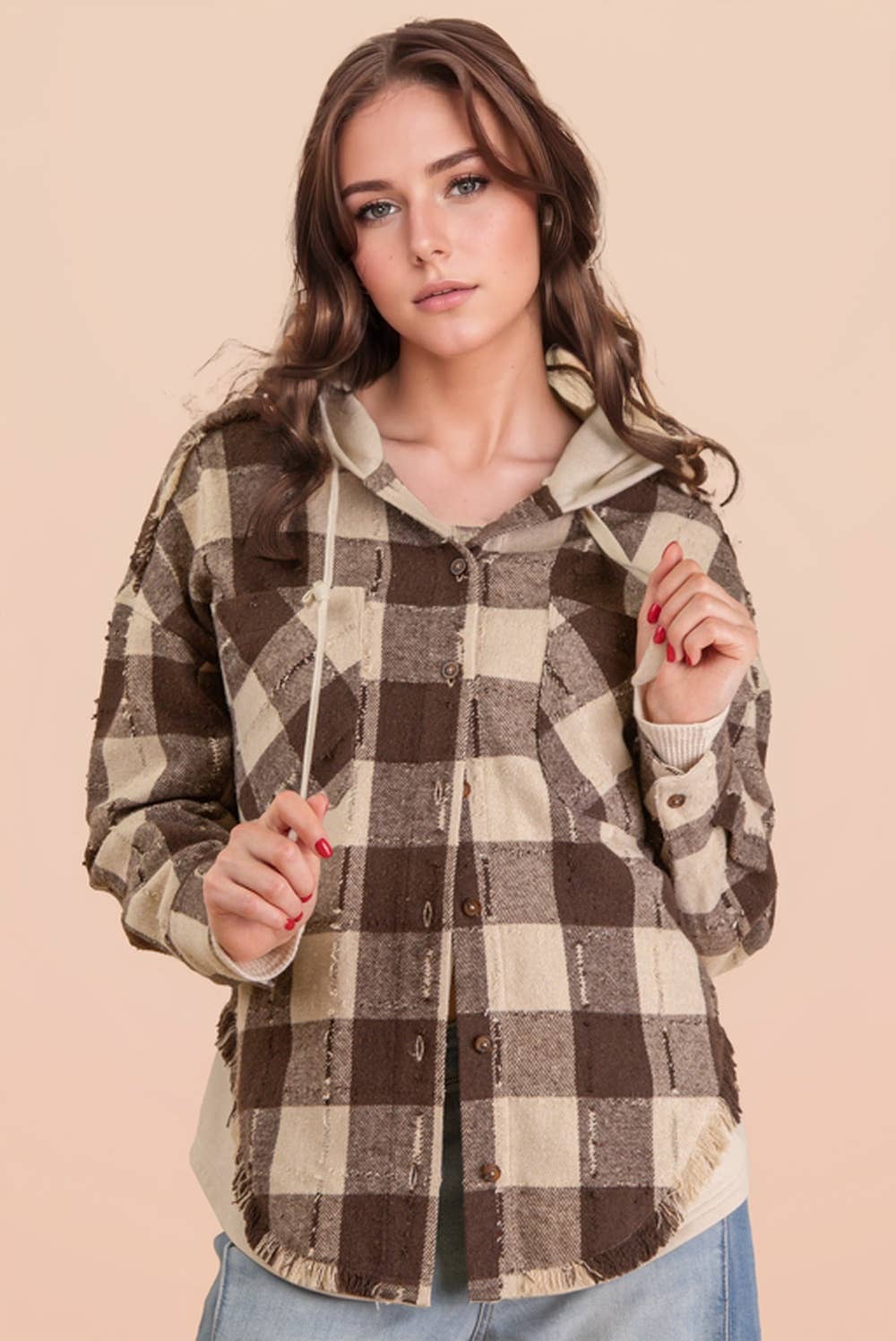 VERY J - Wholesale Jacket - Women's - NT12253-Oversized Flannel Hooded Button Down Jacket12