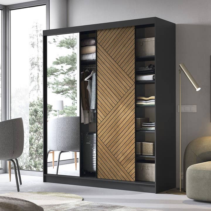 Marrphy Mirrored 3 Sliding Door Freestanding Wardrobe - Black/Oak Caramel for wholesale by ReForm Creative Home