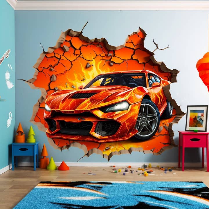 3D Fire Car Wall Sticker - Dynamic Crack Auto in Hole Art Decal for wholesale by Decords