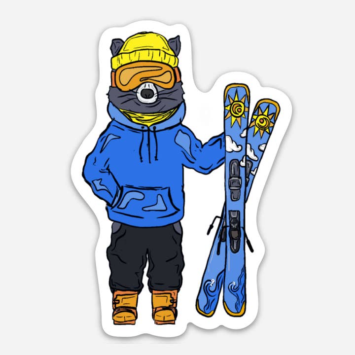 Skiing Raccoon Sticker for wholesale by Heartwood Collective