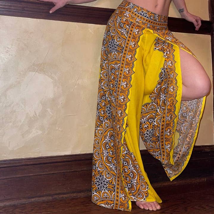 Butterfly Goddess Yellow Mandala Flowy Pants for wholesale by Camaroha Sutra LLC