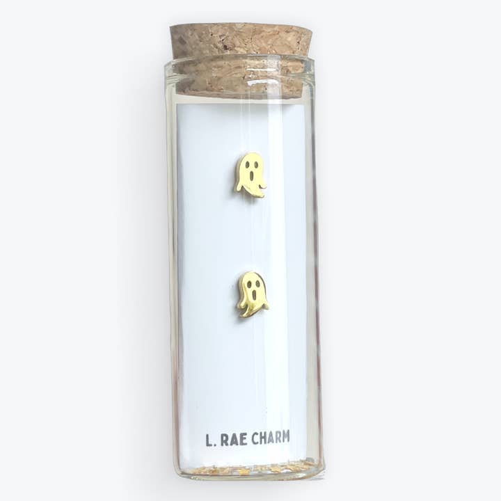 L Rae Charm - Wholesale Stud/Post Earrings - Ghost Stud Earring. Hypoallergenic. Halloween Gold & Black