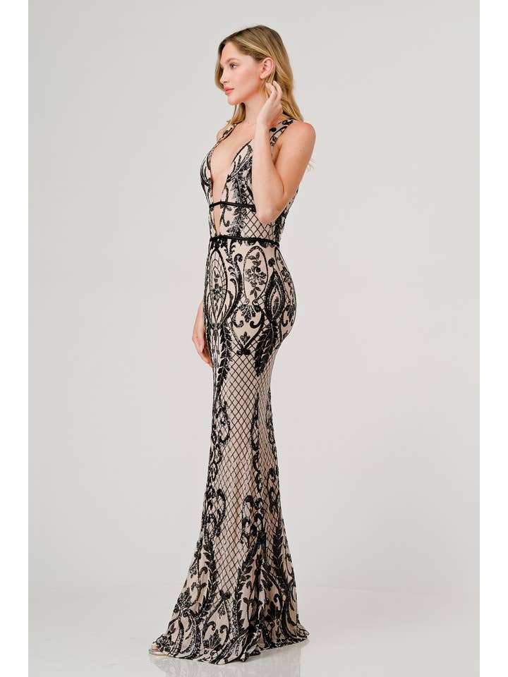 Lovesome - Wholesale Gown - Women's - CD40911: SEQUIN PLUNGING V-NECK MERMAID MAXI DRESS