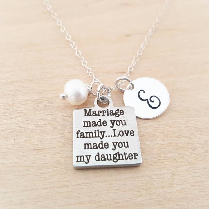 Marriage Made You Family, Love Made You My Daughter Necklace – Sterling Silver with Birthstone & Initial Charm for wholesale by CY Design Studio