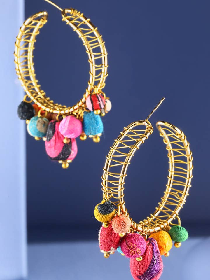 Handmade Brass Wire & Sari Bead C-Hoop Earrings for wholesale by Urbanista