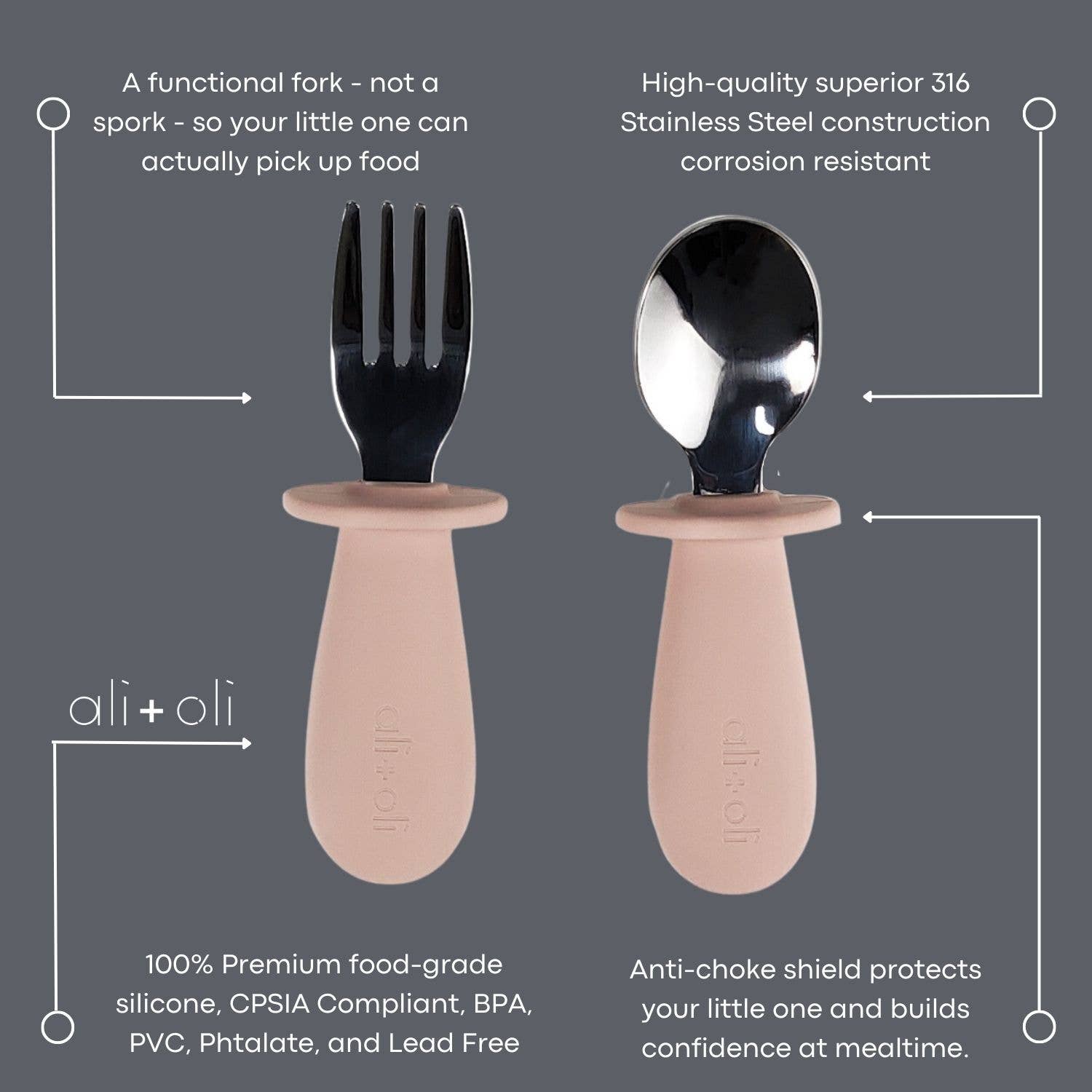 Ali+Oli - Wholesale Flatware Set - Kids & Baby - Ali+Oli Spoon & Fork Learning Set for Toddlers (Pink) 6m+5